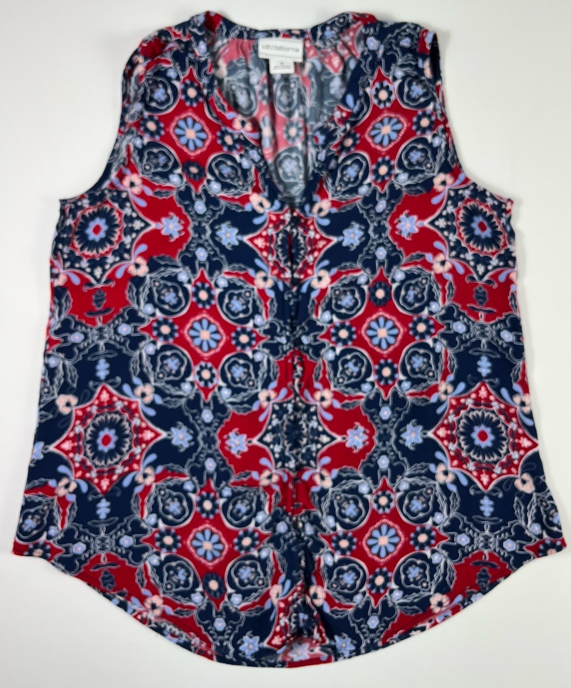 LIZ CLAIBORNE Medium Red White Blue Floral Button Sleeveless V-Neck Blouse Top