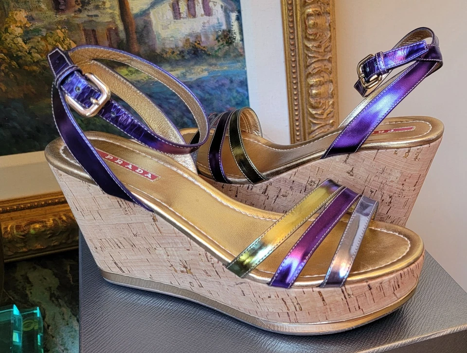 $480 SANDALIAS PRADA CUERO CUÑA TACÓN PLATAFORMA CORCHO CORREA AL TOBILLO 9.5 PÚRPURA ¡EXCL! Foto 2 de 4