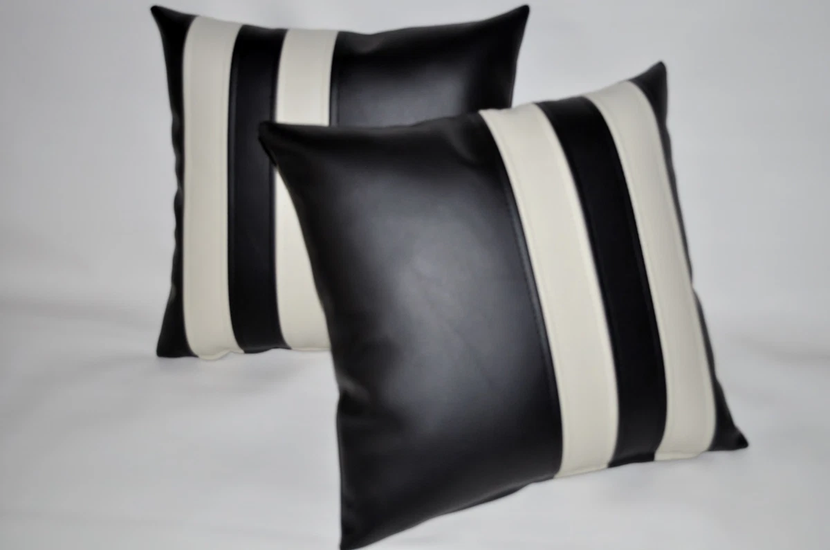 2 Black Cream Twin Stripe Faux Leather Cushions 16