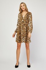 NEW Leopard Print Mock Wrap Dress 12 Smart Fashionable long sleeves Skater