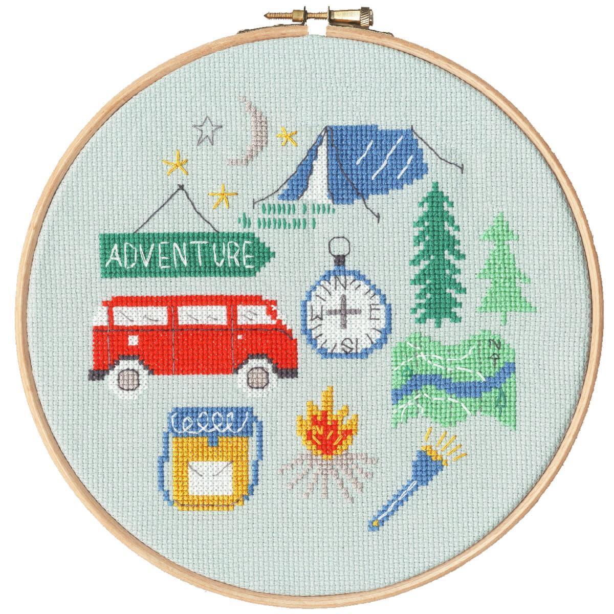 Bothy Threads counted cross stitch kit with wooden hoop ""Adventure"", XJH5, Diam.