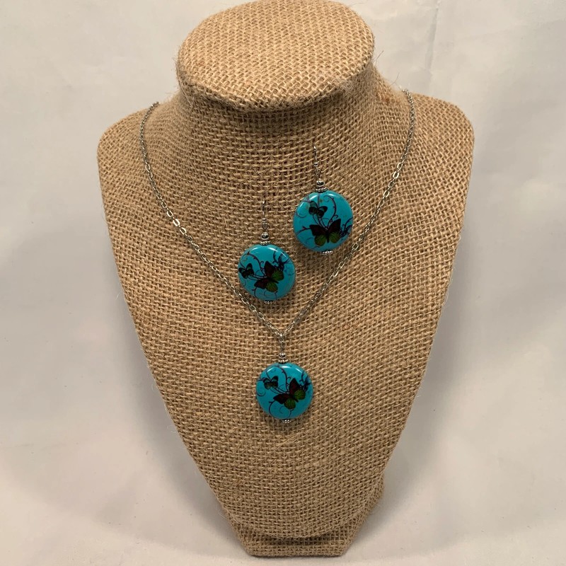 Blue Butterfly Pendent on a Silver Chain Necklace W Matching Earrings NEW