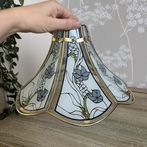Vintage Brass & Glass Panel Blue Flower 80’s Light shade 6” Retro Kitsch Cottage
