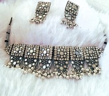 Indian Jewelry Silver Oxidized Choker Mirror Necklace Boho Afghani Bollywood Set