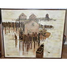 Mid-Century Modern Nautical Oil on Canvas Lake House Bayou Painting Signed