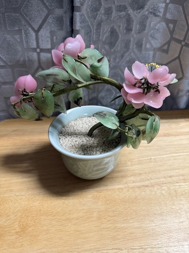 Vintage Chinese Jade Glass Leaves Pink Flowers Bonsai Tree Green Celadon Pot - Picture 8 of 17