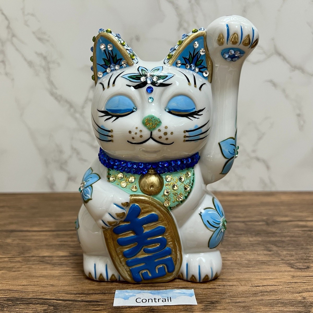 Maneki Neko Beckoning Lucky Cat Seto Ware Pottery Blue Piggy Bank