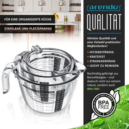 Arendo Messbecher Glas-Set 250ml+500ml+1L Borosilikat Messskala Schwarz - Bild 4 von 6