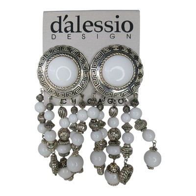 D Alessio Design White & Silver Clip-On Statement Earrings   NOS