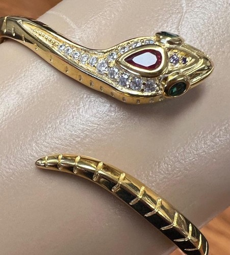 Genuine Ruby Diamond Snake Cuff Bracelet 14k Yellow Gold on Solid 925 Emeralds