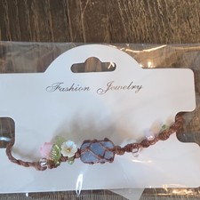 Fashion Jewelry Adjustable Cord Beaded Bracelet, Blue Round Stone Brown/Blue