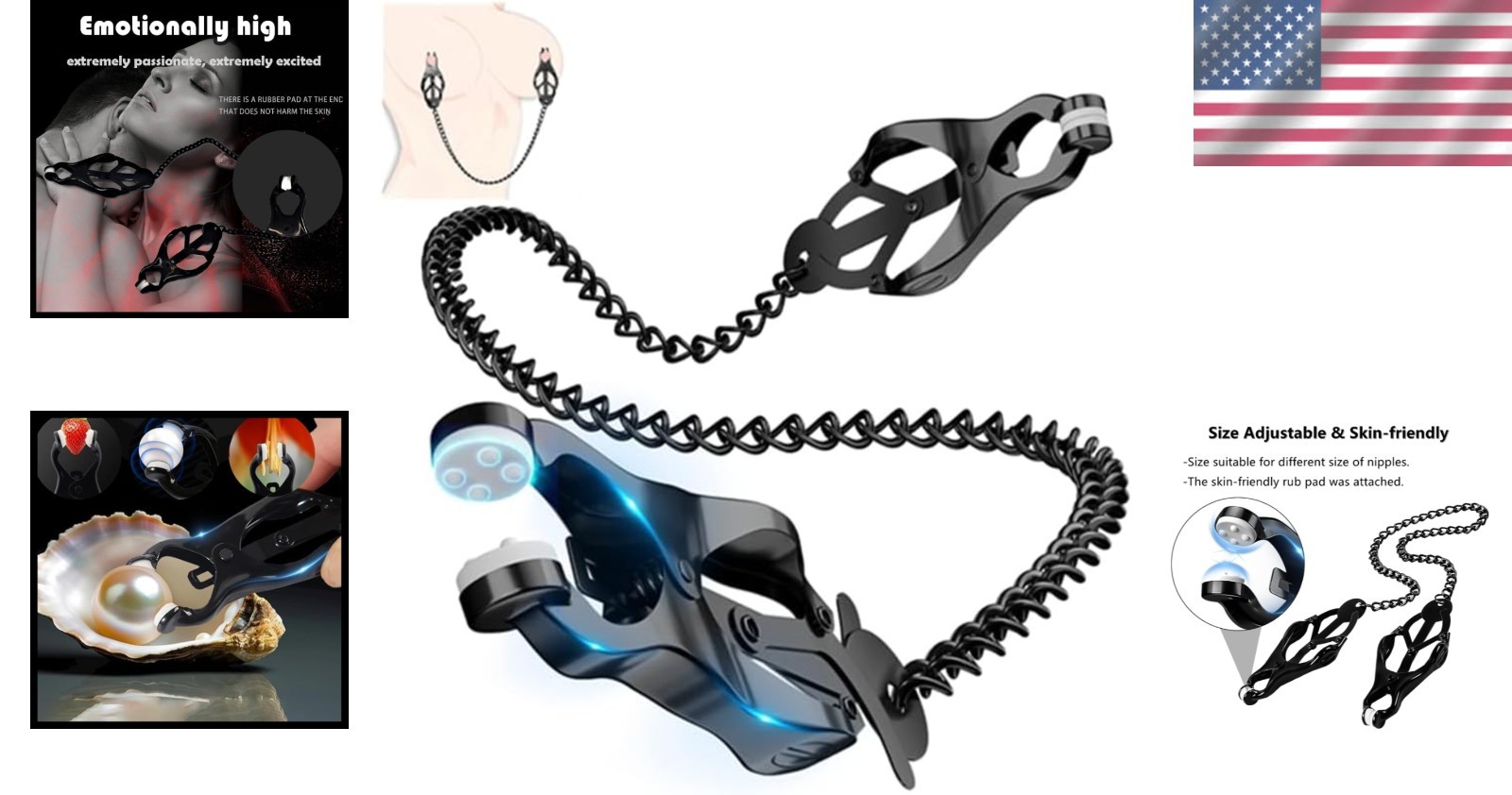BDSM Nipple Clamps with Chain Adjustable Non Piercing for Breast Stimulation