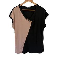 SHEIN Black Beige Colorblock V Neck Short Sleeve T Shirt Top Women's Size L