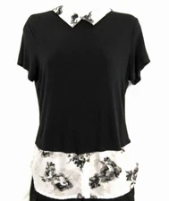 ELLE Top Blouse Knit and Woven Women Sz S Collared Shirt Tail Hem Black Floral