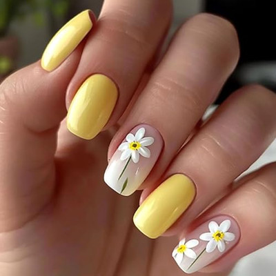 Medium Press on Nails Square Fake Nails with White Flower Design Glue on Nails 