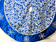 54" Blue Silver Padded Christmas Tree Skirt Filigree Snowflakes Sequins