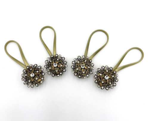 Vintage Magnetic Curtain Tiebacks Gold Rhinestone Floral Holdbacks Set of 4 Used