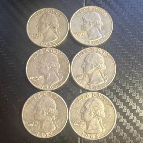 6 1964 Silver Washington Quarters Circulated US Coin Lot