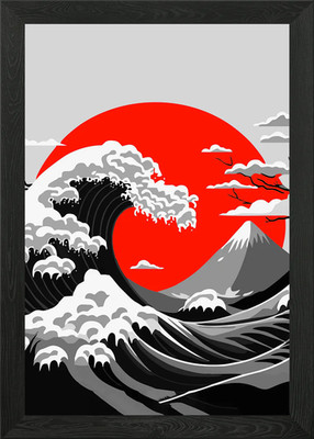Große Welle roter Mond Japan gerahmtes Wandbild Poster Leinwanddruck Bild