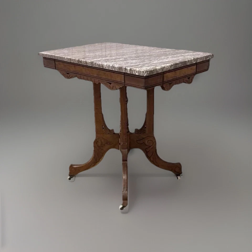 Antigua mesa de pedestal Eastlake de madera con tapa de mármol gris Foto 3 de 4