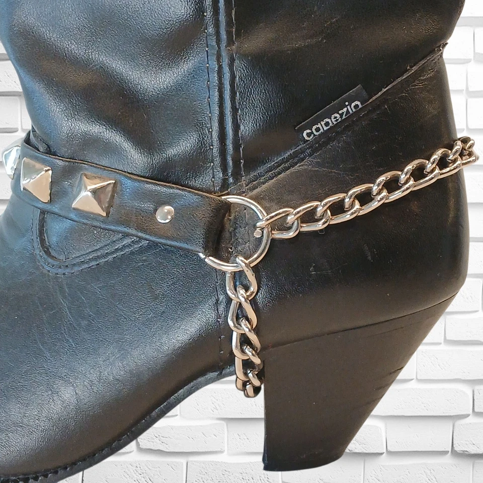 Capezio Sexy Biker Cowgirl Leather Boots, Size 8M, Mid-Calf, Metal Toe, Chain - Image 3 of 4