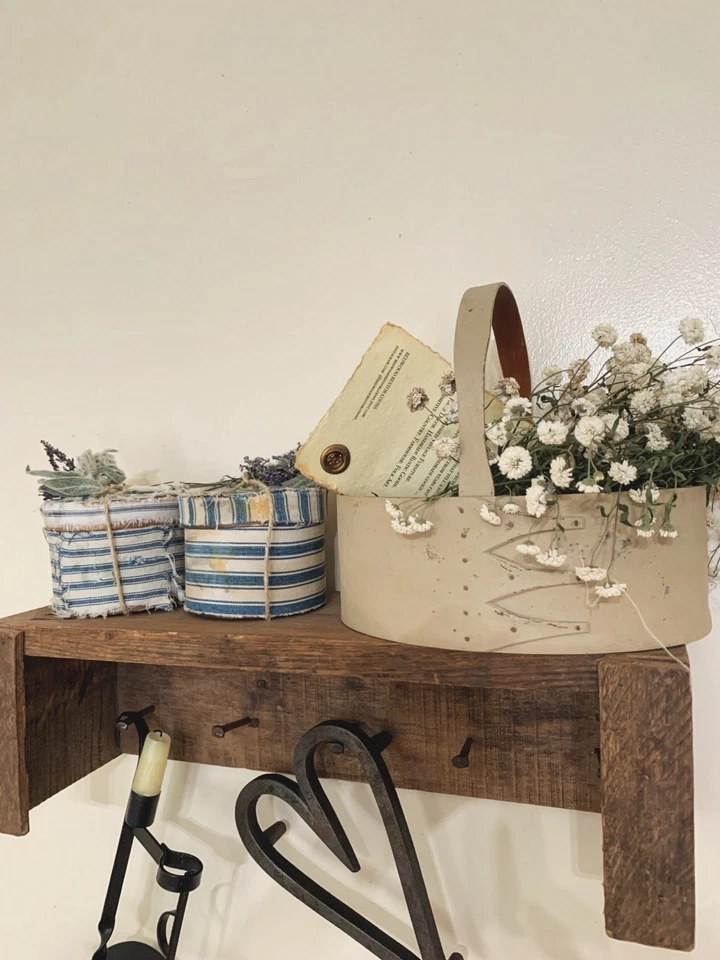 Fabric Covered Boxes With Vintage Blue Ticking Fabric Primitive Shabby Cottage - Image 2 of 4