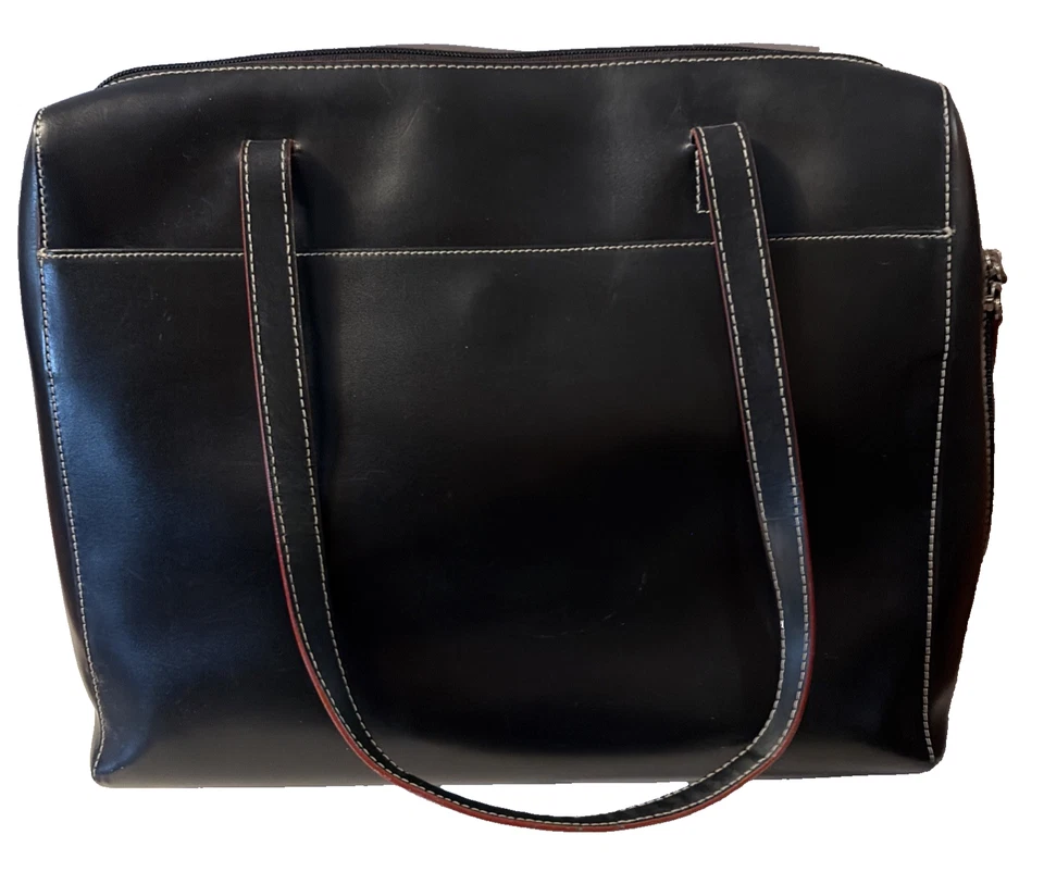 Bolsa tote para laptop Lodis Audrey com zíper superior lisa preta vermelha acabamento couro viagem escolar - Imagem 2 de 4