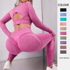Women's High Waist Gym Yoga Leggings Matching Long Sleeve Fitness Workout Set