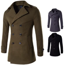 Men's Slim Fit Peacoat Double Breasted Woolen Jacket Outdoor Lapel Trench Coat