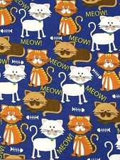 Kittens Flannel Fabric Animals, HALF YARD, Cotton Cats Animals on Blue