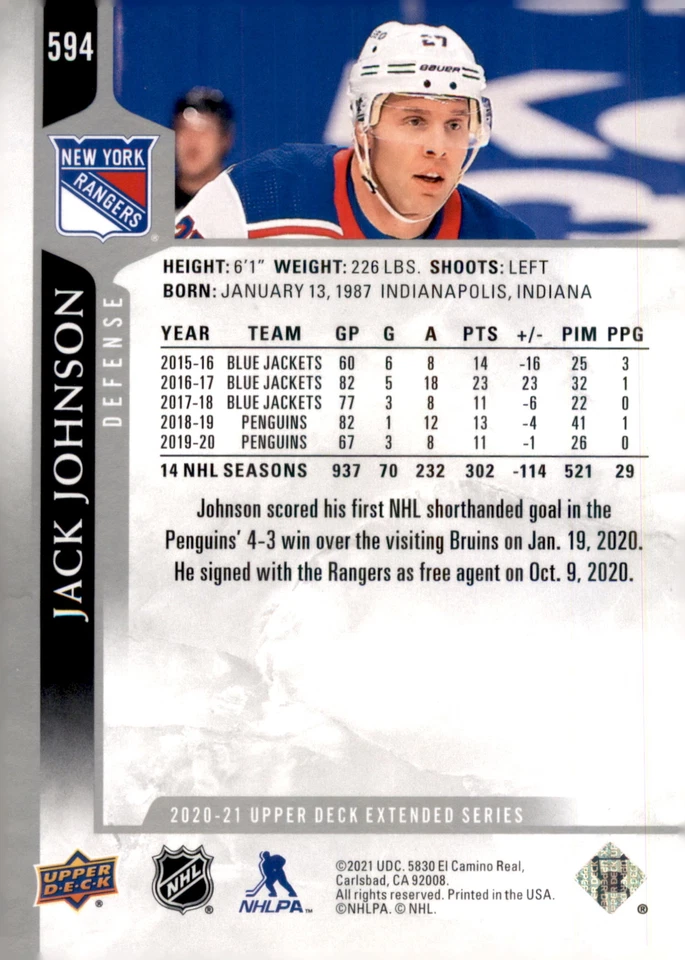 2020-21 Upper Deck #594 Jack Johnson - Image 2 of 2