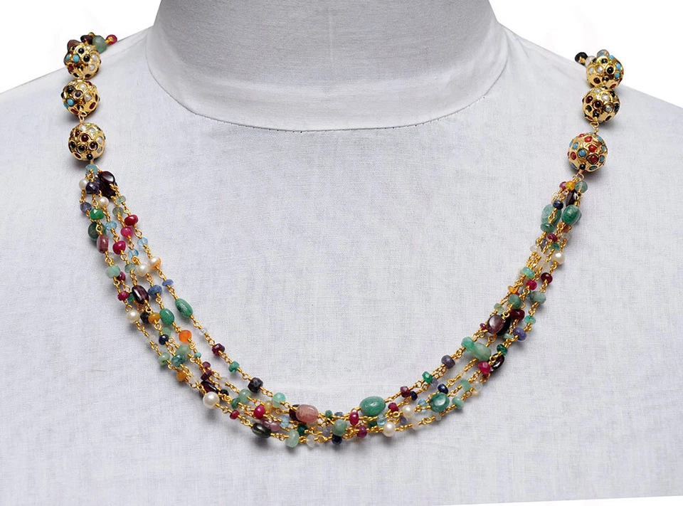 Cuentas facetadas de piedras preciosas multicolores anudadas en cadena con bola de encaje LN011117 Foto 4 de 4