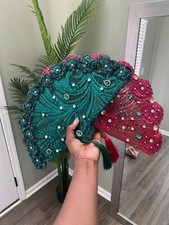 Green and wine african lace bridal fans