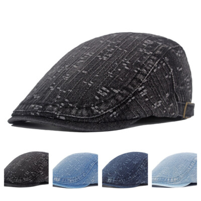 Men Blue Denim Newsboy Flat Hat Peaked Ivy Golf Driving Adjustable Cycling Cap