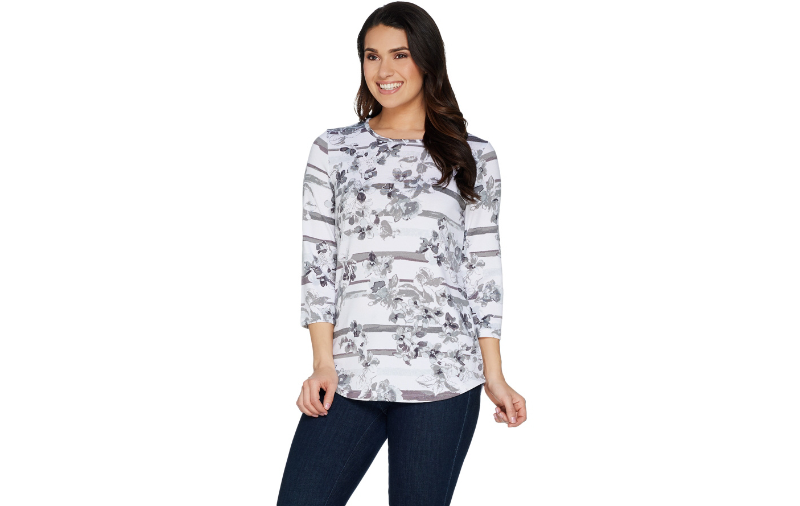 Denim & Co. Heavenly Jersey Floral Stripe Print Hi-Low Hem Top