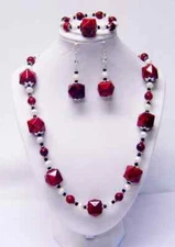 Chunky Gothic Red Faceted Acrylic Cube w/Black Glass Bead Necklace/Bracelet/Earr