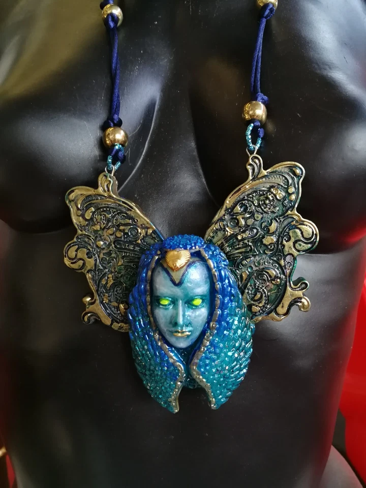 Butterfly Coccon Moth Doll Head Jewelry Necklace Pendant Art Deco Silkworm Charm - Image 4 of 4