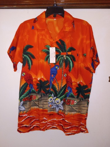 Hawaiian Shirt Mens Med.Button Up Short Sleeve, orange parrots Colorful tags