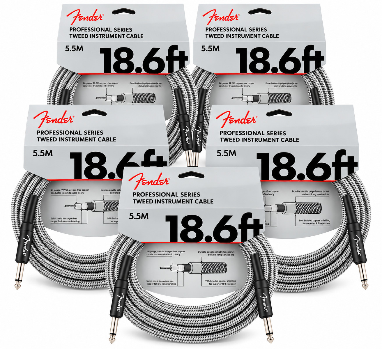 5-PACK Fender Deluxe 18.6FT Straight - Angle 22AWG White Tweed Instrument Cable