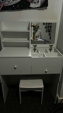 White Dressing Table with Rectangular Mirror, Stool, 2 Drawers, 2 Shelves