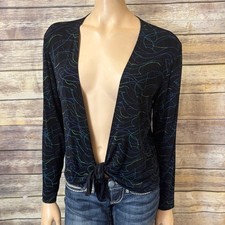 Chico's Travelers Jacket size 1 Black 8 Green Blue Yellow Swirls Slinky