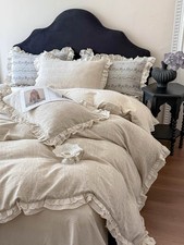 French Cotton Linen Jacquard Duvet Cover Set King 4Pc Ruffle Farmhouse