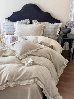 French Cotton Linen Jacquard Duvet Cover Set King 4Pc Ruffle Farmhouse