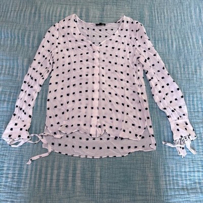Massimo Dutti Blouse White Black Square Print V-Neck Tie Cuff Top USA 2