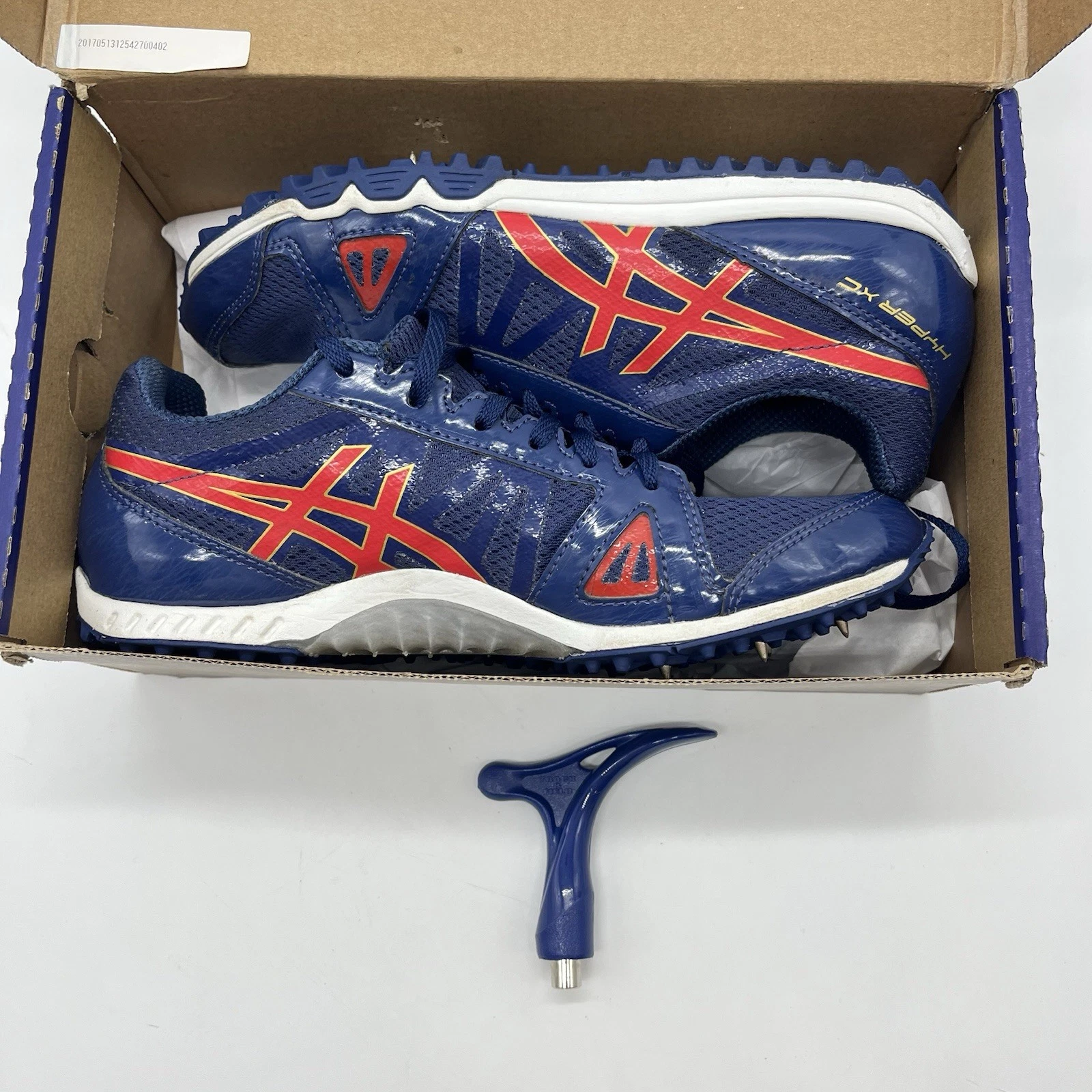 Scarpe da ginnastica ASICS uomo Hyper XC rosso bianco blu taglia 6 con scatola attrezzi.