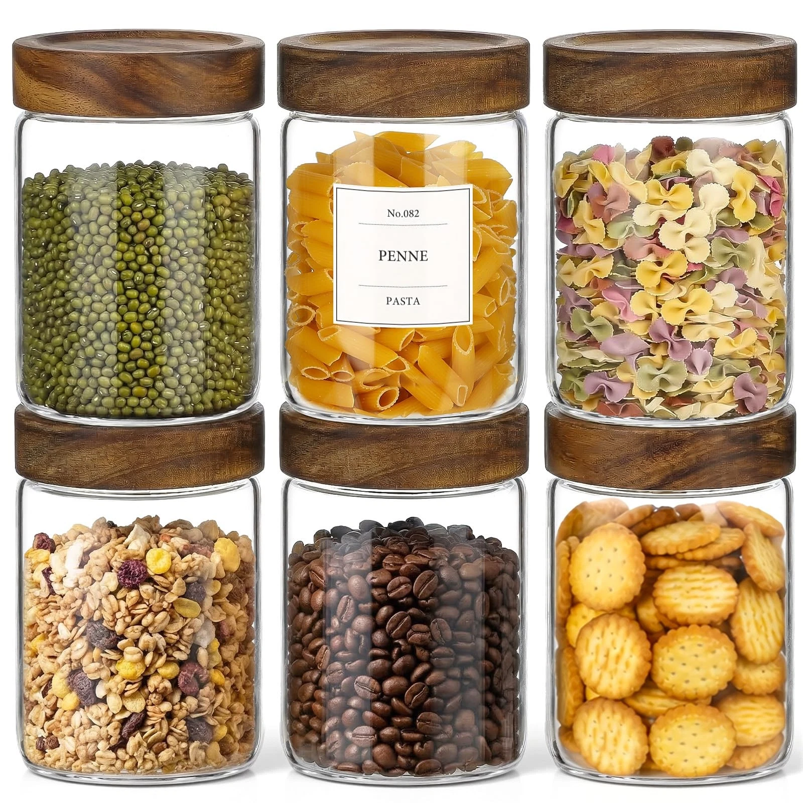 28oz Glass Storage Jars with Wood Lids (6-Pack) – Includes 120 Pre-Printed Wa...
