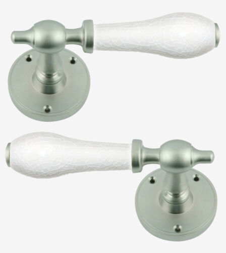 Round Rose Lever Door Handle Set (pair) White Crackle Porcelain Handle - Picture 4 of 5