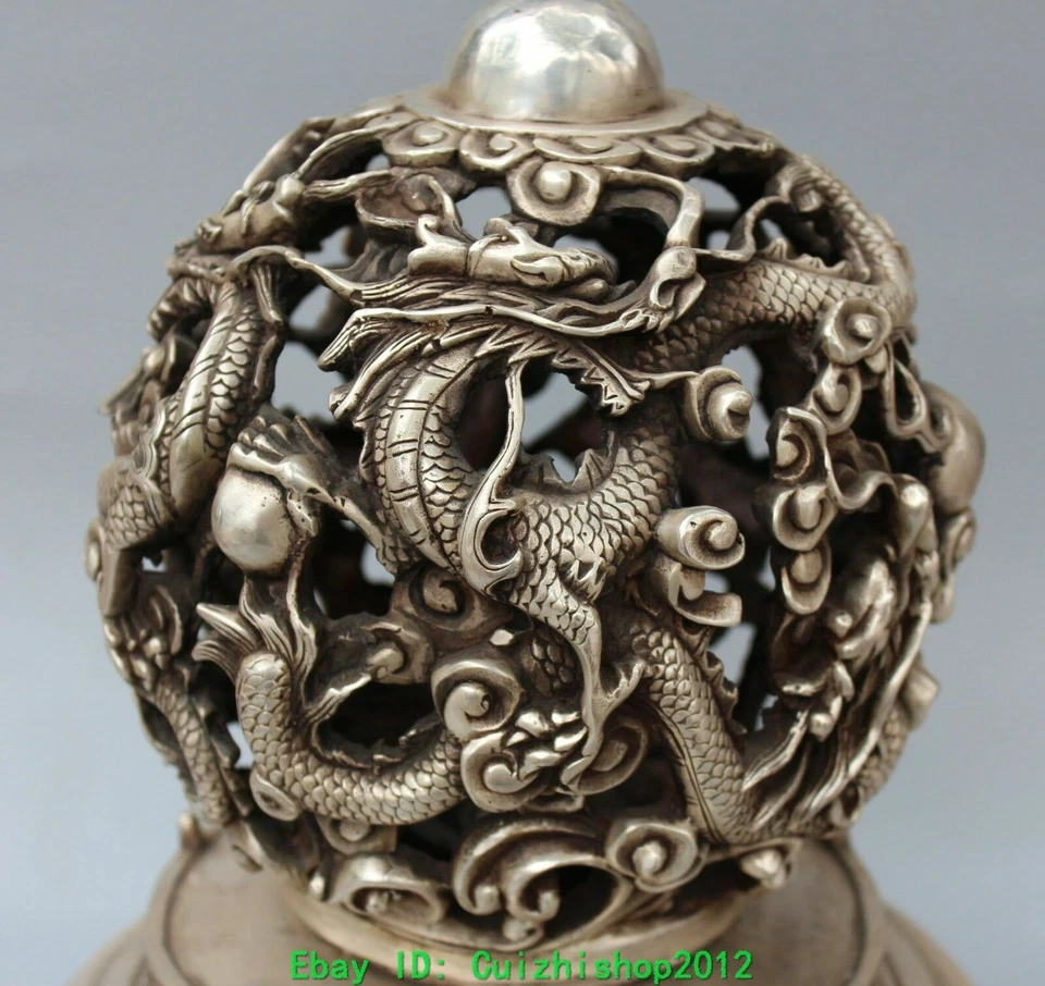 14-дюймовый вращающийся шар из китайского серебра с животным 9 драконом фениксом килином оленем фэншуй - Изображение 2 из 4