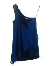 Xscape Navy Blue One Shoulder Bejeweled Lined Sheer Layer Mini Dress Size 14