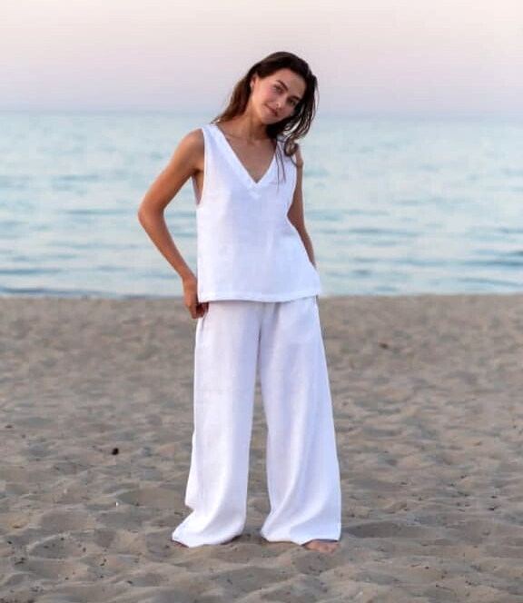 Minimalist White Linen Top and Palazzo Pants Set for Beach or Party Outings